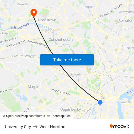 University City to West Norriton map