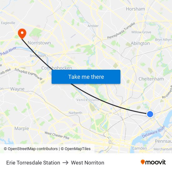 Erie Torresdale Station to West Norriton map