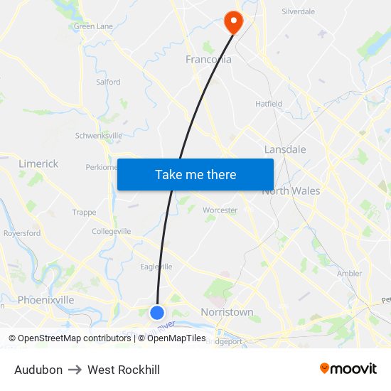 Audubon to West Rockhill map