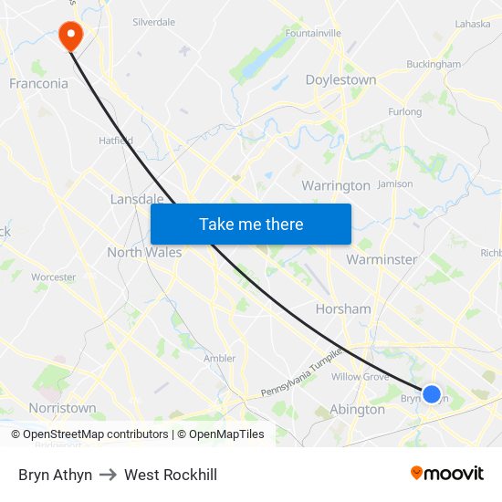Bryn Athyn to West Rockhill map