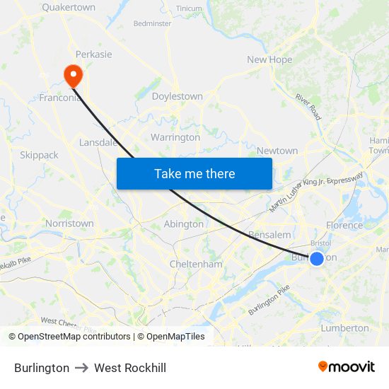 Burlington to West Rockhill map