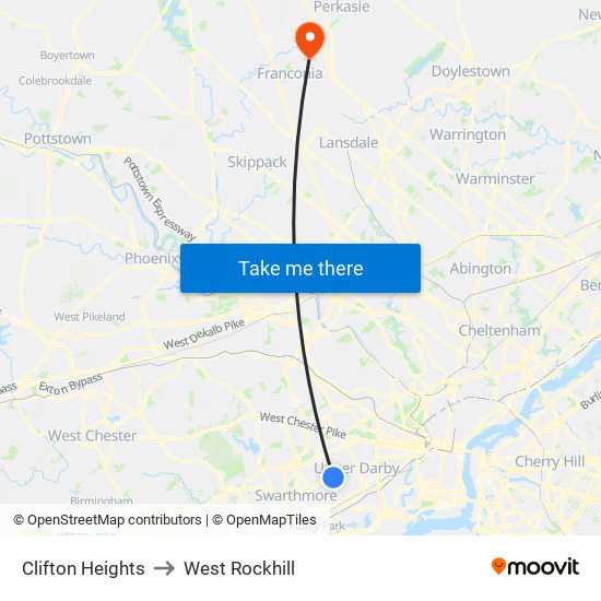 Clifton Heights to West Rockhill map