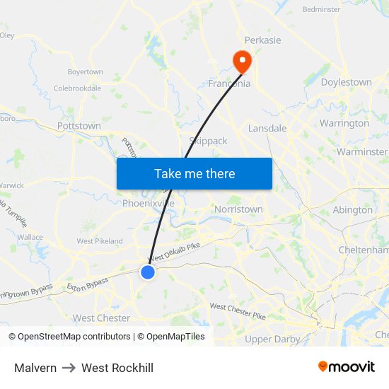 Malvern to West Rockhill map
