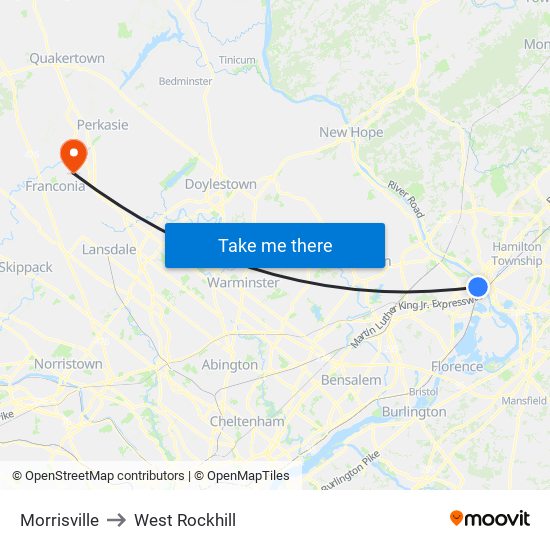 Morrisville to West Rockhill map