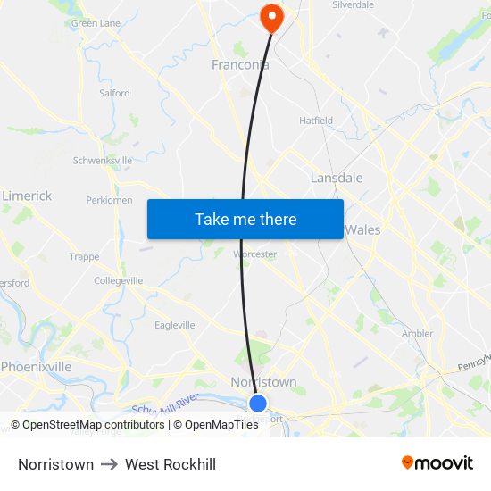 Norristown to West Rockhill map