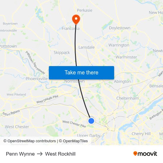 Penn Wynne to West Rockhill map