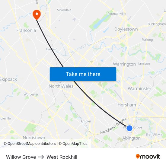 Willow Grove to West Rockhill map