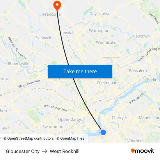 Gloucester City to West Rockhill map