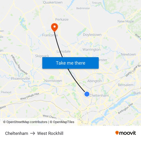 Cheltenham to West Rockhill map