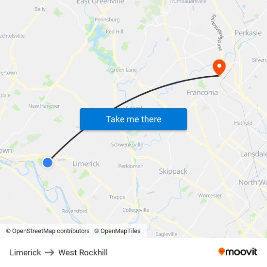 Limerick to West Rockhill map