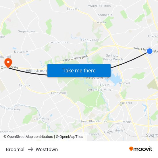 Broomall to Westtown map