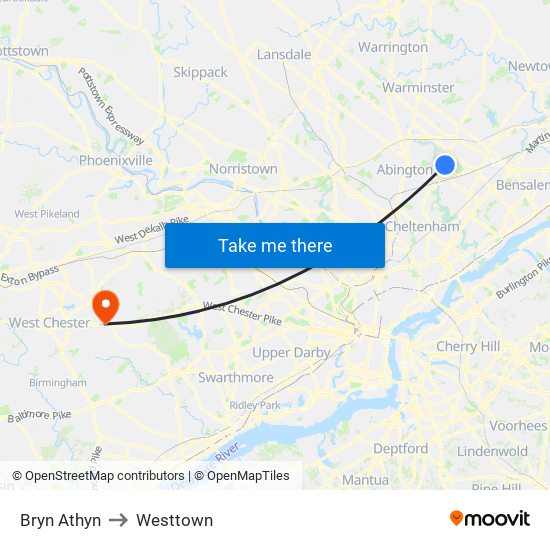Bryn Athyn to Westtown map
