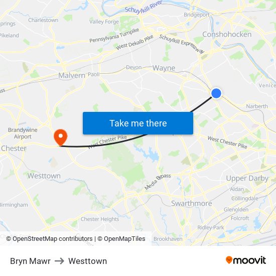 Bryn Mawr to Westtown map