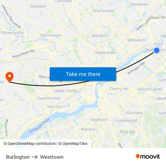 Burlington to Westtown map