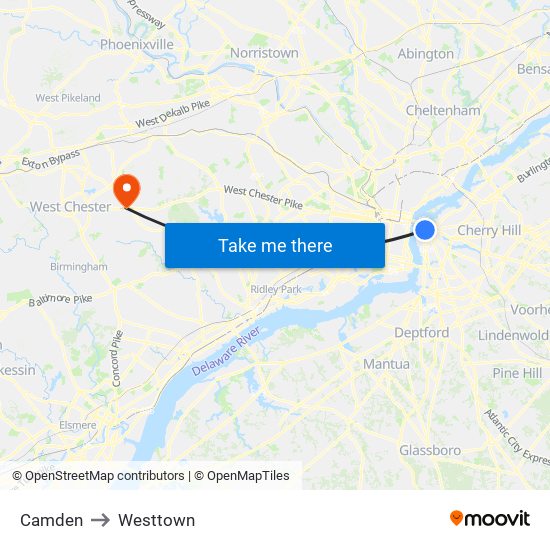 Camden to Westtown map
