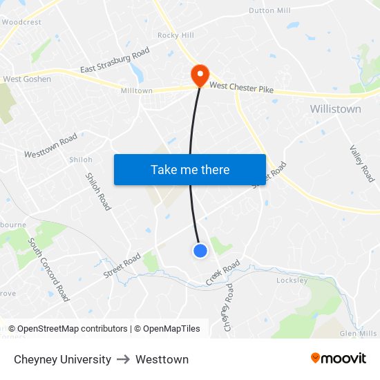 Cheyney University to Westtown map