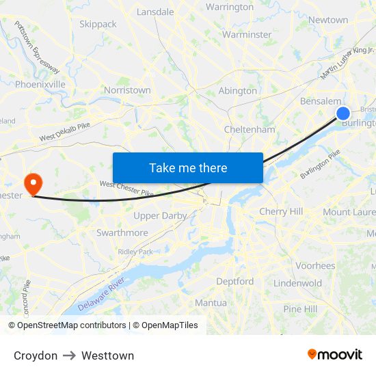 Croydon to Westtown map