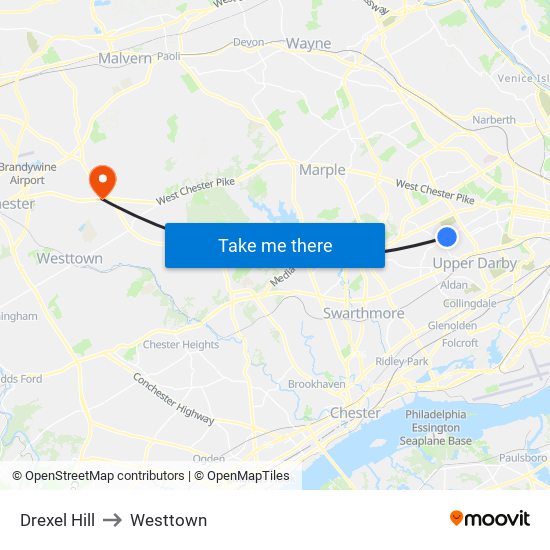 Drexel Hill to Westtown map