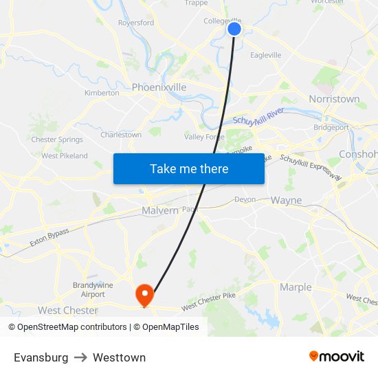 Evansburg to Westtown map