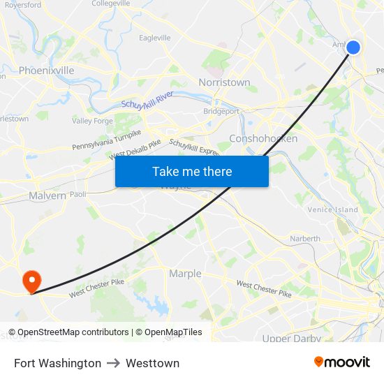 Fort Washington to Westtown map