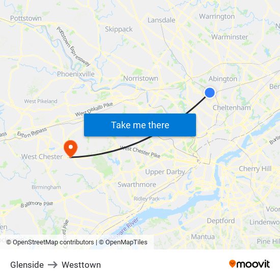 Glenside to Westtown map