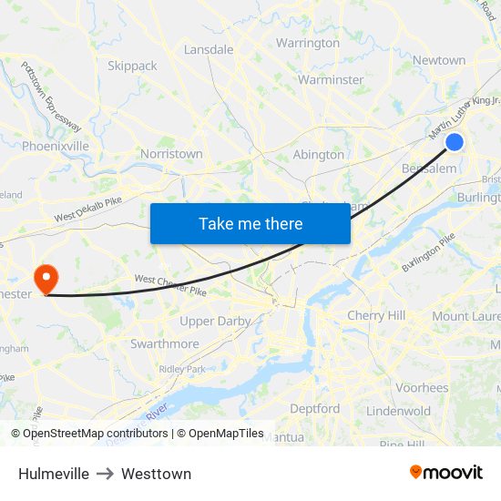 Hulmeville to Westtown map