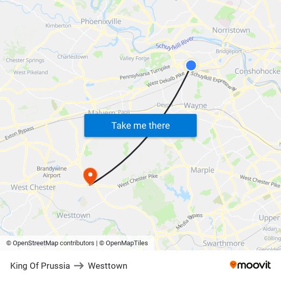 King Of Prussia to Westtown map