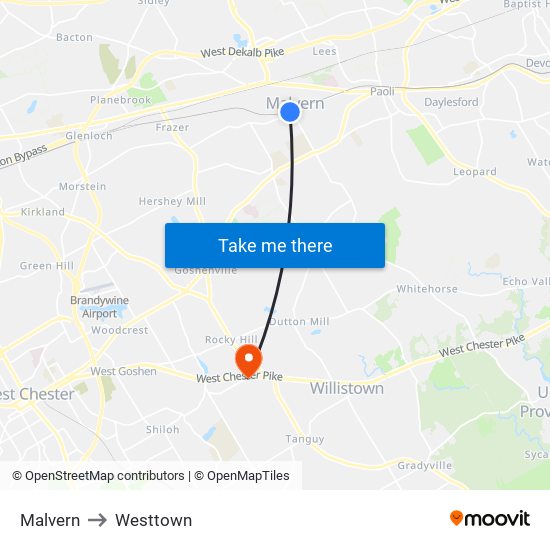 Malvern to Westtown map