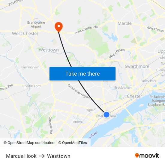 Marcus Hook to Westtown map