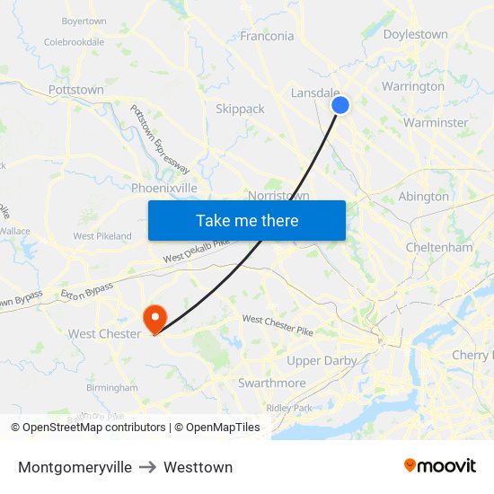 Montgomeryville to Westtown map