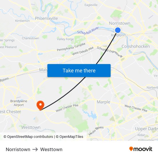 Norristown to Westtown map