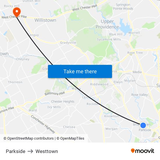Parkside to Westtown map