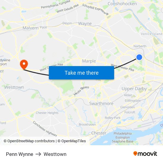 Penn Wynne to Westtown map
