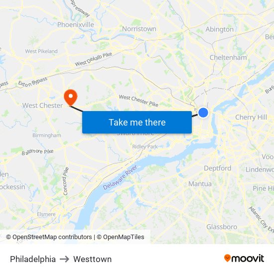Philadelphia to Westtown map