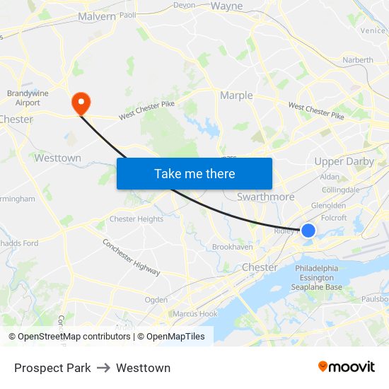 Prospect Park to Westtown map