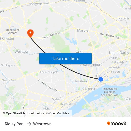 Ridley Park to Westtown map