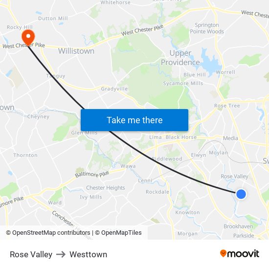 Rose Valley to Westtown map