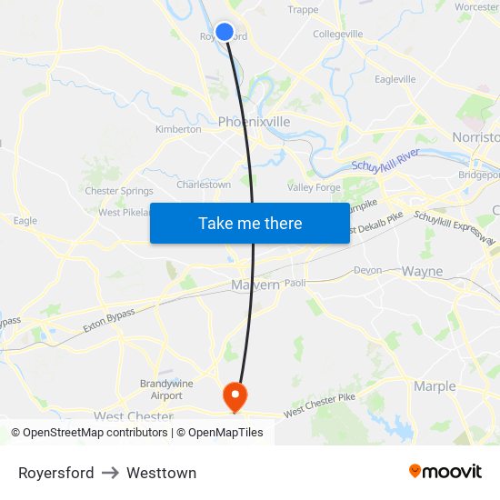Royersford to Westtown map