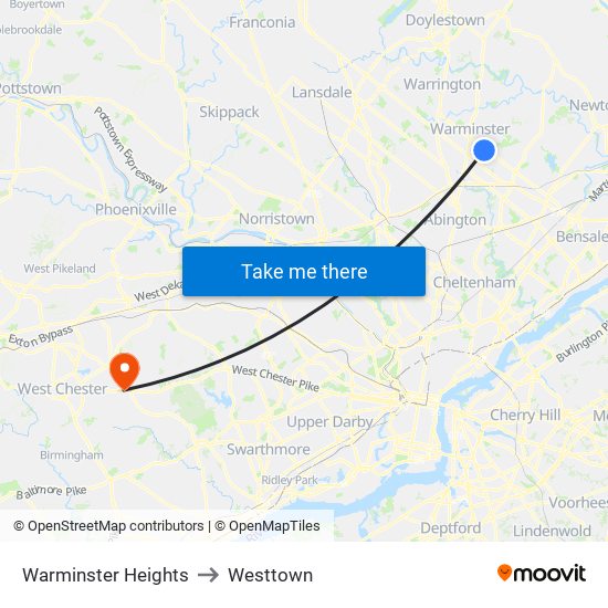 Warminster Heights to Westtown map