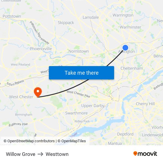 Willow Grove to Westtown map