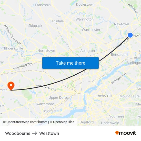 Woodbourne to Westtown map
