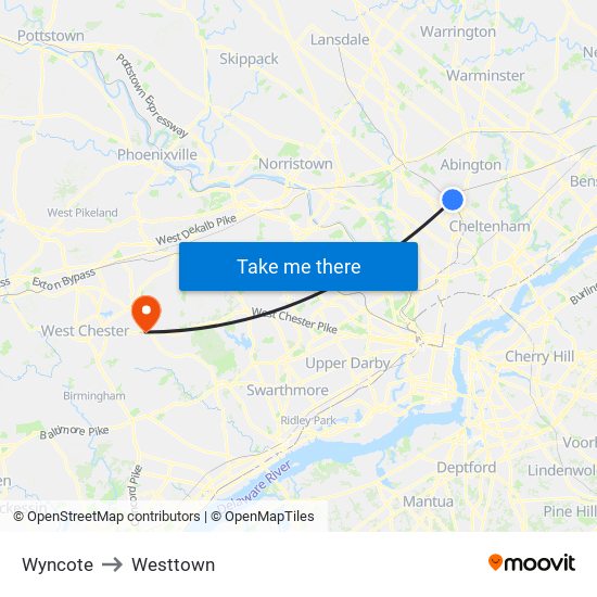 Wyncote to Westtown map