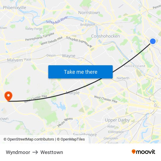 Wyndmoor to Westtown map