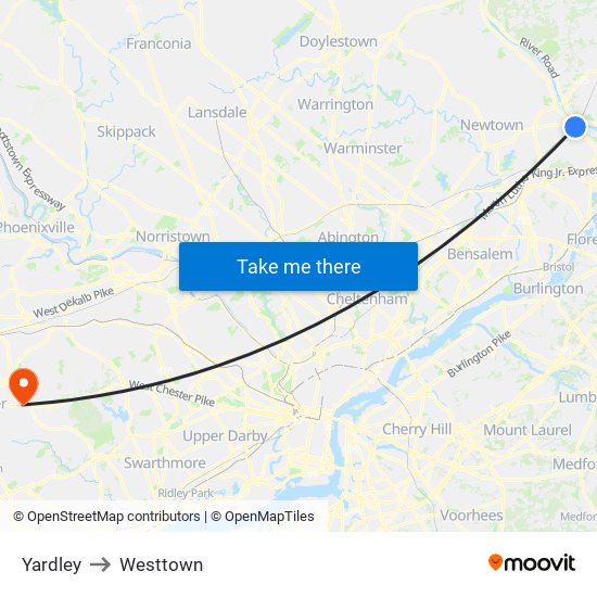 Yardley to Westtown map