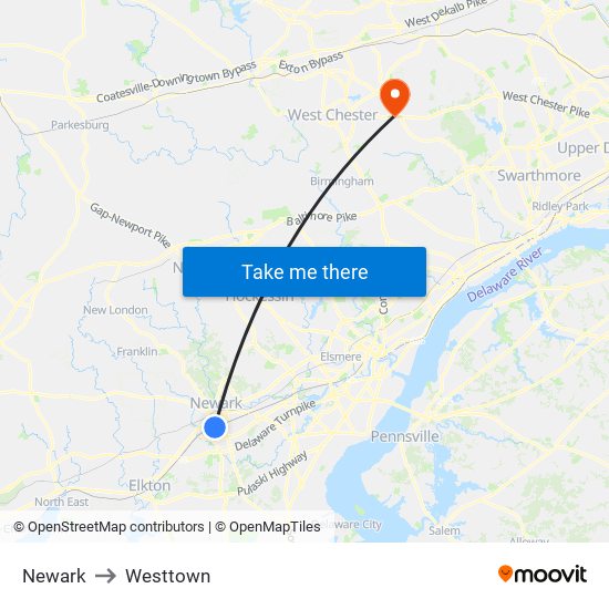 Newark to Westtown map
