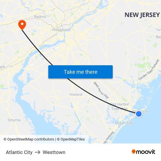 Atlantic City to Westtown map