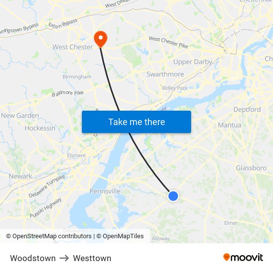 Woodstown to Westtown map