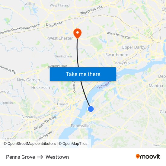 Penns Grove to Westtown map