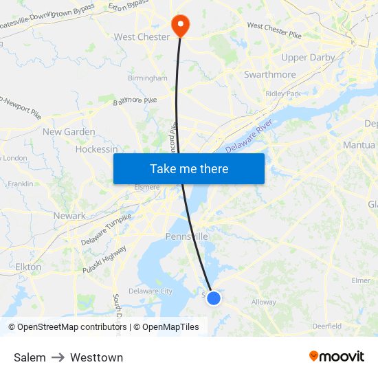 Salem to Westtown map