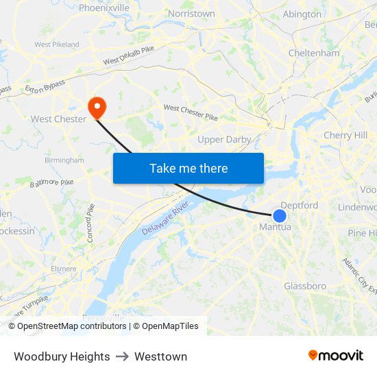 Woodbury Heights to Westtown map